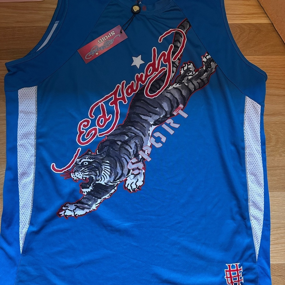 Ed Hardy Vibrant Blue Tiger Tank Top. Vintage early 2000's. Size men's 3xl